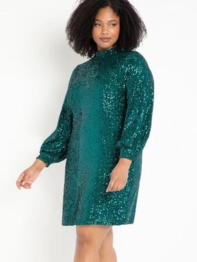 eloquii green sequin dress NWT ELOQUII Long Sleeve V-Neck Reversible Sequin Dress Silver Green Sz 24 Party